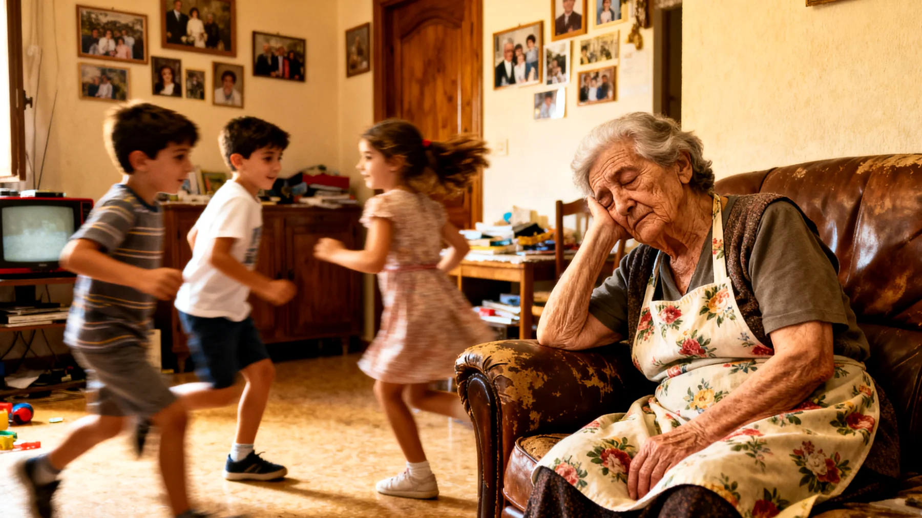 La nonna si sente fisicamente e mentalmente esausta nel prendersi cura dei nipoti bambini, non riuscendo più a stare loro dietro con l'energia necessaria e sentendosi inadeguata rispetto alle aspettative dei genitori"